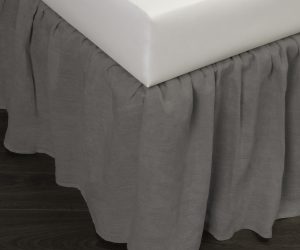 Amity home basillo linen bed skirt in ash grey   gathered linen texture