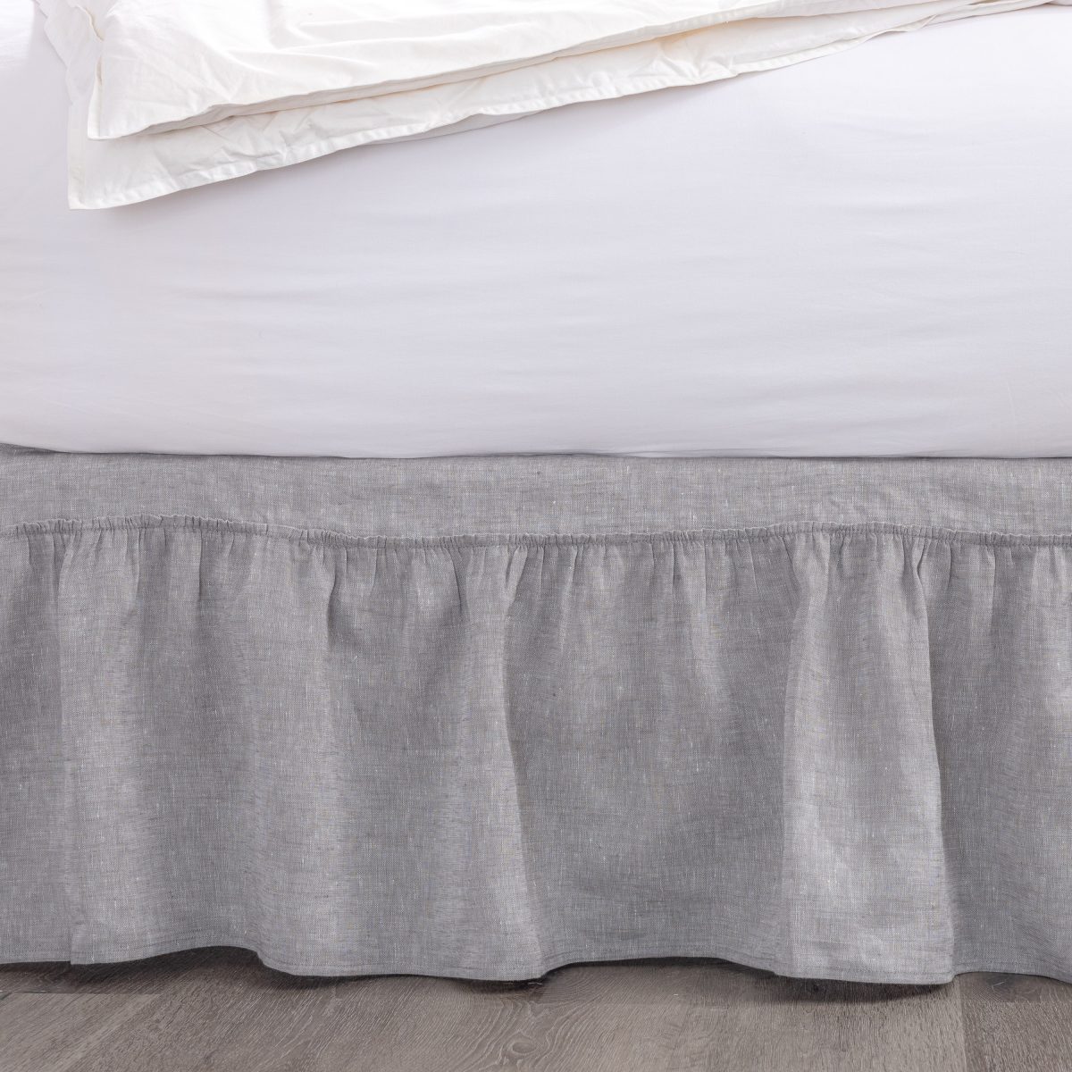 Amity home caprice linen bed skirt in grey chambray   gathered top