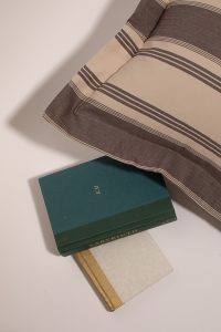 Amity home camden duvet cover   grey and cream striped fabric with a solid grey border styled with books