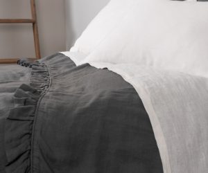 Amity home basillo duvet cover in frost grey   ruffled edge detail