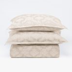 Amity home dawson french ikat duvet cover and two shams in taupe stacked with a subtle woven geometric pattern