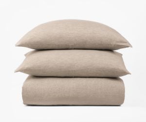 Amity home damara duvet cover and shams   natural beige woven linen bedding stacked on white