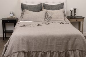 Amity home caprice duvet cover   grey chambray luxury bedding set with ruffled edges on a styled bed
