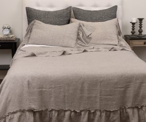 Amity home caprice duvet cover   grey chambray luxury bedding set with ruffled edges on a styled bed