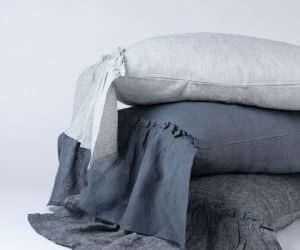 Amity home caprice duvet cover in asphalt   ruffled linen edge