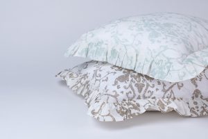 Amity home riva bedding shams   two ruffled pillows with distressed damask patterns in natural and light blue