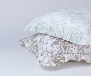 Amity home riva bedding shams   two ruffled pillows with distressed damask patterns in natural and light blue