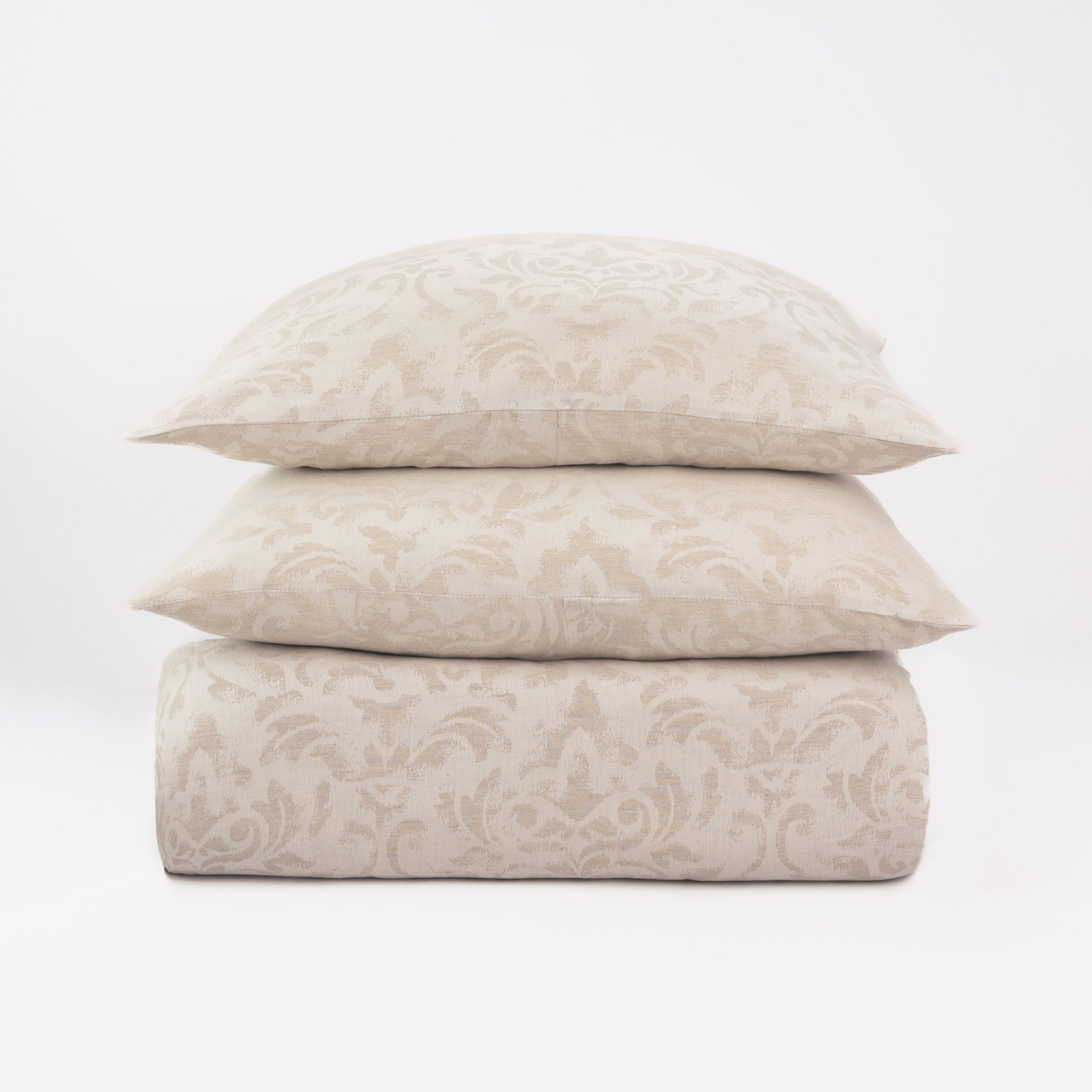 15377mal4 | Amity Home Amity home odette duvet cover and shams light beige with elegant damask pattern stacked on a white background
