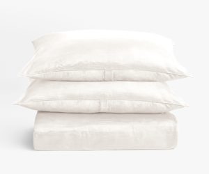 Amity home lia rayon velvet duvet cover and two shams in ivory stacked showing soft plush texture