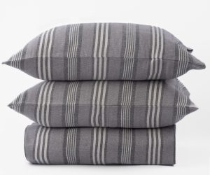 Amity home langston linen duvet cover   grey and off white striped linen bedding with two matching pillows stacked
