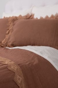 Amity home camilla lace linen duvet cover in camel   intricate lace trim