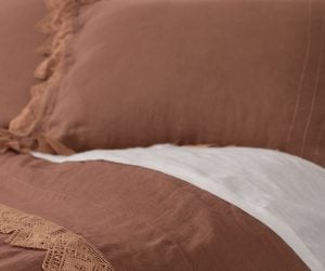 Amity home camilla lace linen duvet cover in camel   intricate lace trim