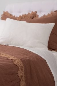 Amity home camilla lace linen duvet cover in camel   intricate lace trim