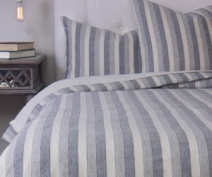 Amity home berkley duvet cover in blue and white stripe   textured linen fabric