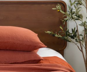 Amity home ranier linen duvet cover in burnt sienna   frayed edge detail