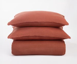 Amity home ranier linen duvet cover in burnt sienna   frayed edges