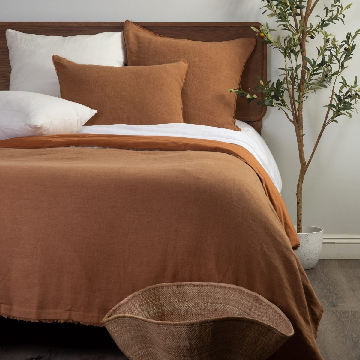 Amity home ranier linen duvet cover in ochre   frayed edge detail