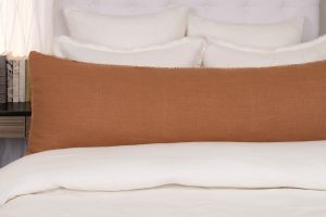 Amity home ranier linen body pillow in ochre   frayed edge detail