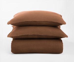 Amity home ranier linen duvet cover in ochre   frayed linen texture