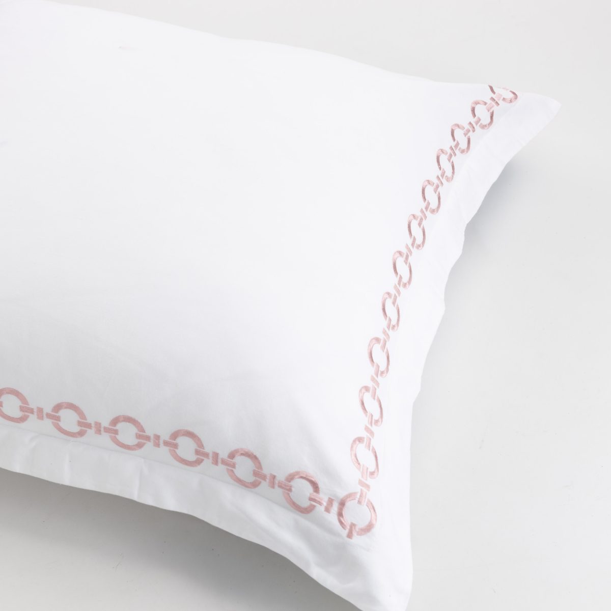 Amity home bellagio duvet cover in white with petal pink   chain link embroidery