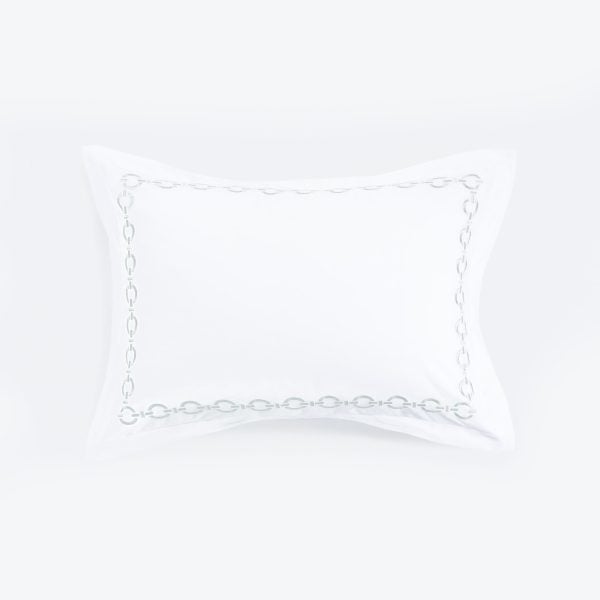 Amity home bellagio sham in white with seaglass   chain link embroidery
