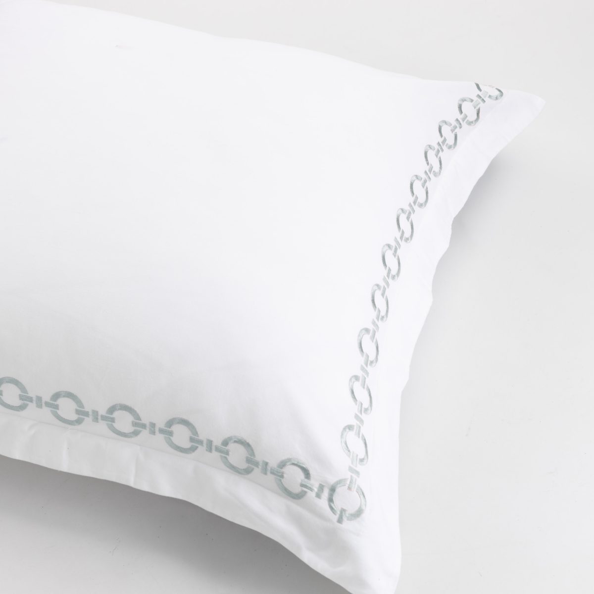 Amity home bellagio duvet cover in white with seaglass   chain link embroidery