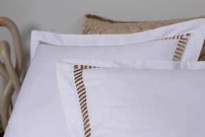 Amity home savona duvet cover in white with caramel embroidery   striped border