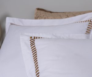 Amity home savona duvet cover in white with caramel embroidery   striped border