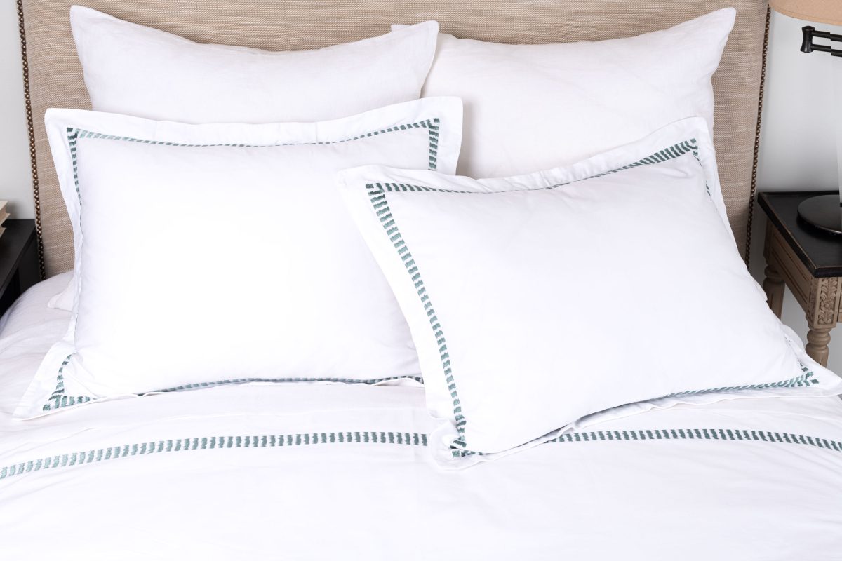 Amity home savona duvet cover in white with mineral trim   dashed embroidery
