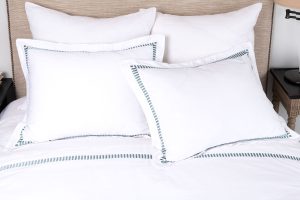 Amity home savona duvet cover in white with mineral trim   dashed embroidery
