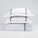 Amity home turin duvet cover in peacock   geometric triangle embroidery