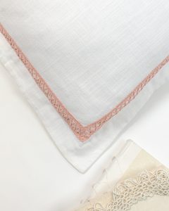 Amity home phi duvet cover in petal pink  white   crochet trim detail