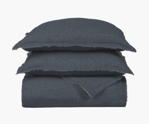 Amity home brisbane linen duvet cover in steel blue   frayed edge detail
