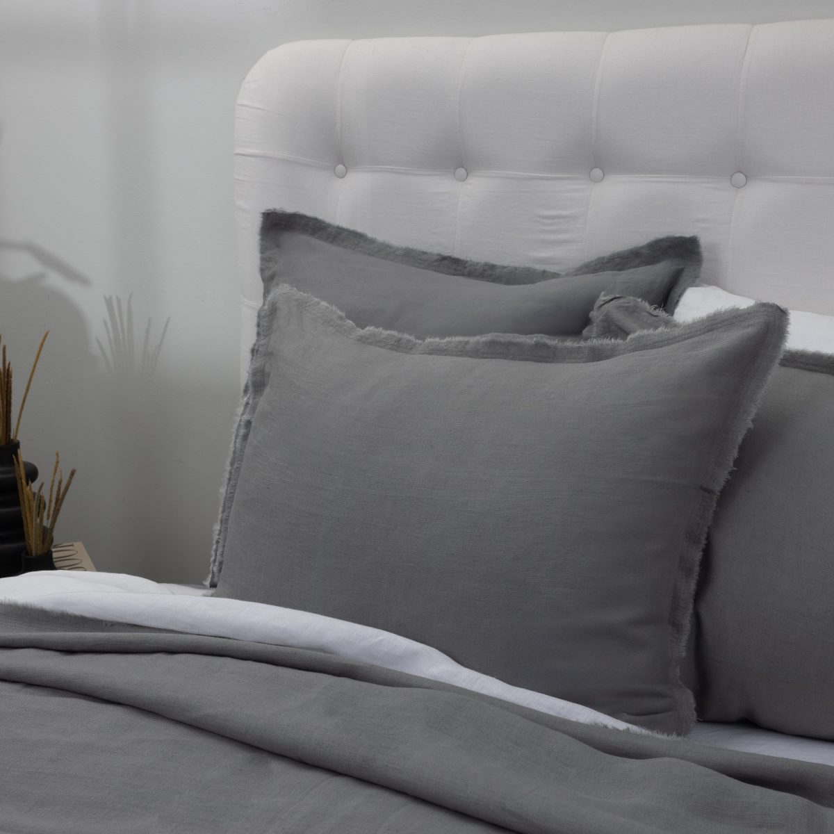Amity home brisbane linen duvet cover in neutral grey   frayed edge detail