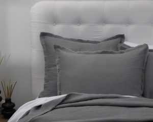 Amity home brisbane linen duvet cover in neutral grey   frayed edge detail