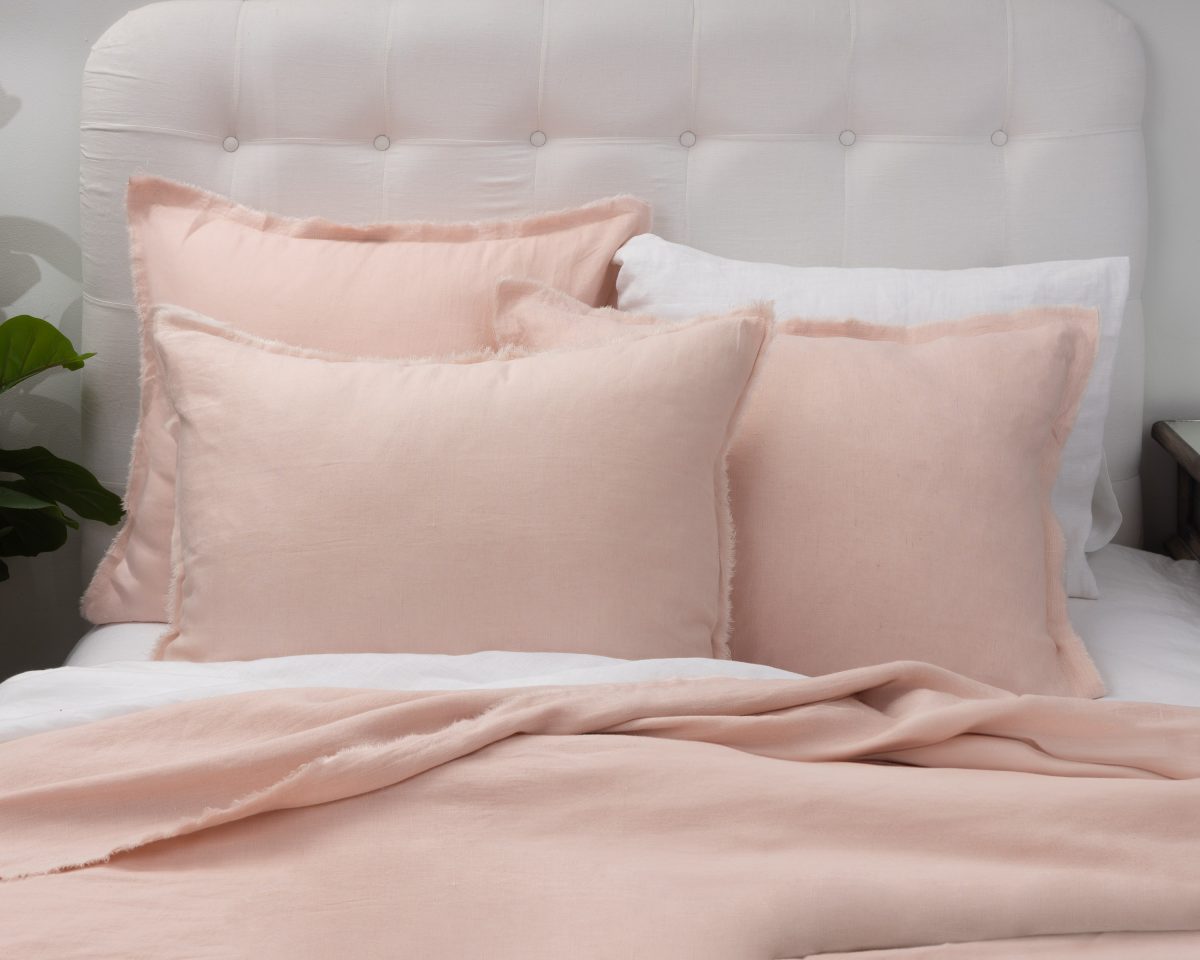 Amity home brisbane linen duvet cover in petal pink   frayed edge detail