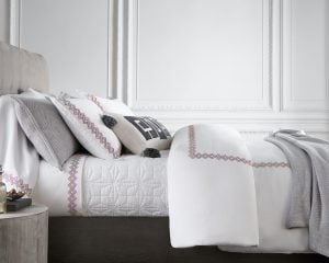 Amity home amalfi duvet cover in coral   geometric embroidered border