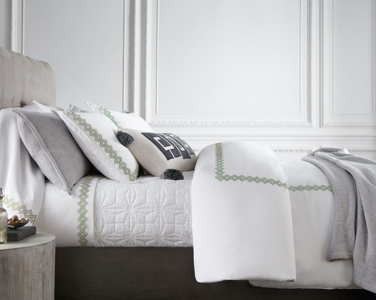 Amity home amalfi duvet cover in lemongrass   geometric embroidered border