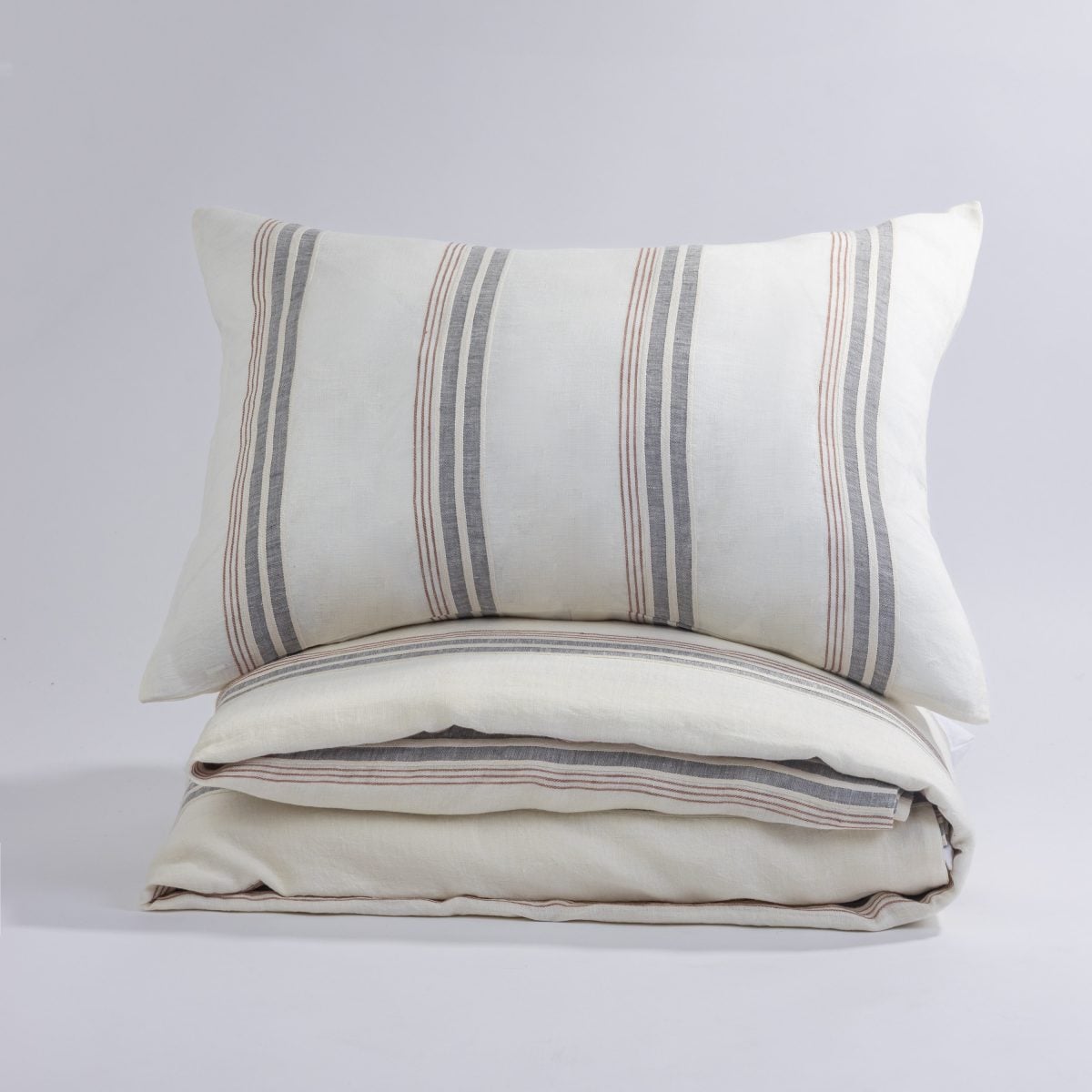 Amity home flinn duvet in natural   vertical grey  terracotta stripes