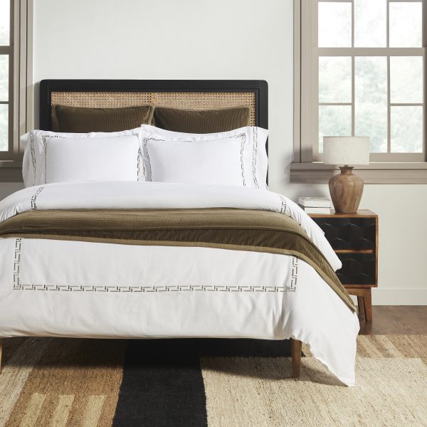 Amity Home Ellis Duvet in White with Mushroom - Elegant Geometric Embroidery