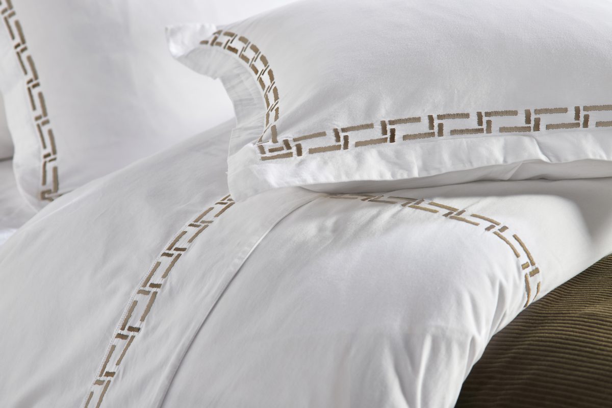 Amity home ellis duvet in white with mushroom embroidery   geometric pattern