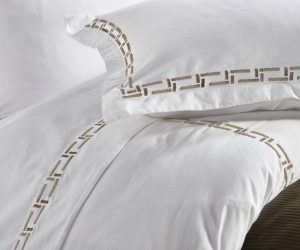 Amity home ellis duvet in white with mushroom embroidery   geometric pattern