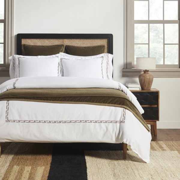 Amity Home Ellis Duvet in White/Saddle - Geometric Embroidered Border