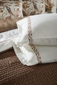 Amity home treva sheet set in white with camel embroidery   geometric pattern