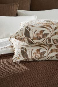Amity home frida  maegan pillows in natural with brown botanical   hand printed design