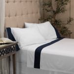 Amity home camden sheet set in blue   crisp white with navy border