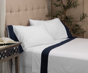 Amity home camden sheet set in blue   crisp white with navy border