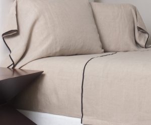 Amity home tyne linen sheet set in natural asphalt   embroidered piping detail