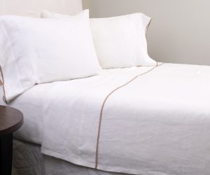 Amity home tyne linen white khaki emb sheet set in white   khaki piping detail