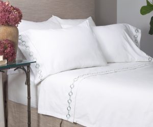 Amity home amalfi sheet set in white with asphalt embroidery   chain link design